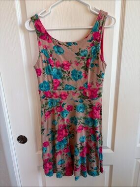 Monteau Beige Floral Scoop-Neck Mini Dress with Pink & Teal Flowers